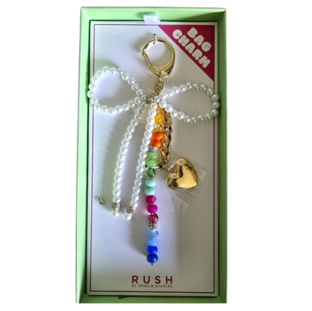 RUSH Denis & Charles Rush Faux Pearl Rhinestone Gold Chain Heart Bag Purse Charm